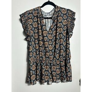 chic V-neck blouse by VOY Bohemian Ruffle Rust  Peplum  Ethnic Print Hippie Gyps